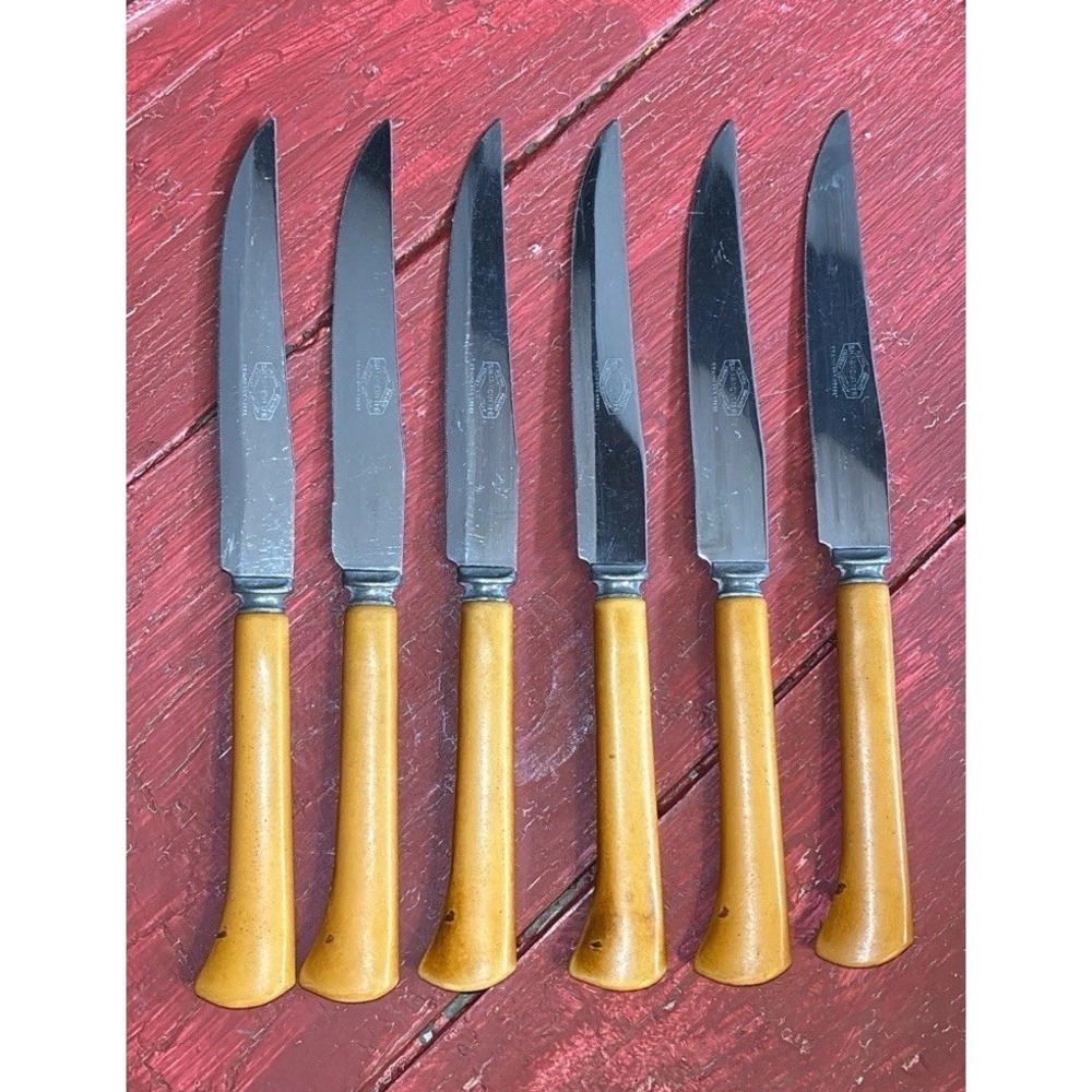 6 Vtg Royal Brand Sharp Cutter Stainless Steel Knife Yellow Celluloid Handle